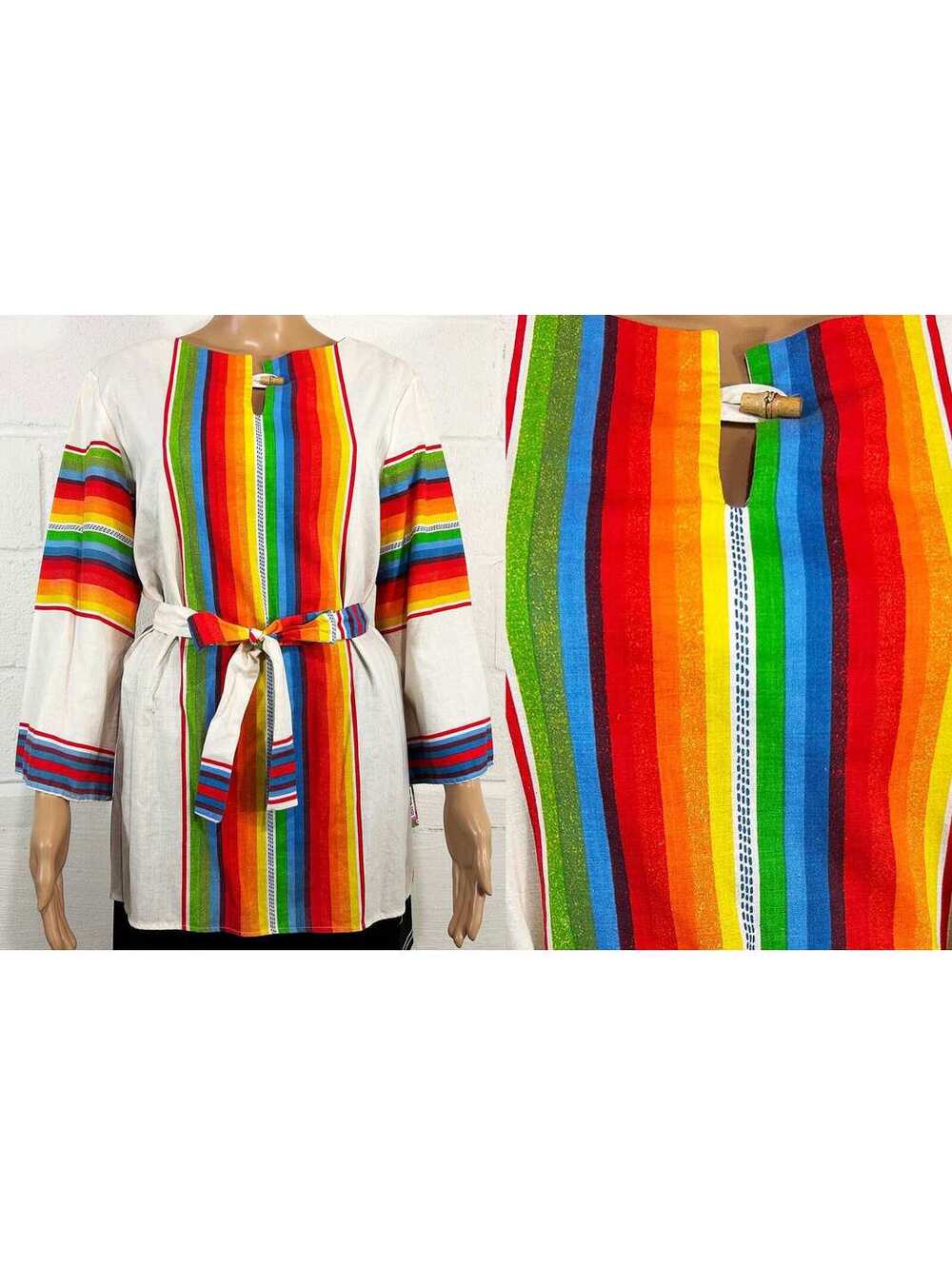 Serape Rainbow Belted Tunic Mexican Striped 1970s Bell Sleeves Hippie Large XL